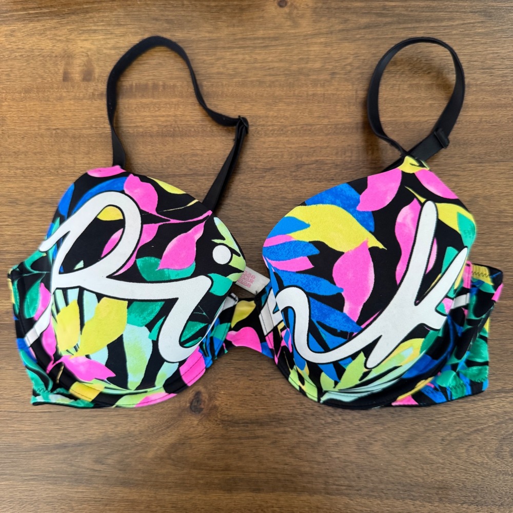 Victoria Secret PINK Wear Everywhere T-Shirt Bra 34D Multi Floral Logo Womens